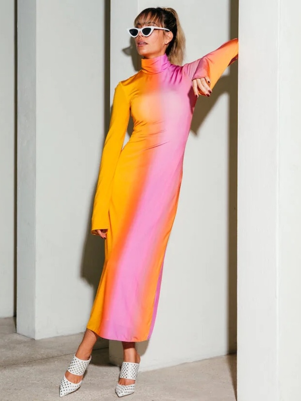 Ellery Bach Vibrant Stretch Satin Long Sleeve Midi Dress Size 2 Colorful Ombre